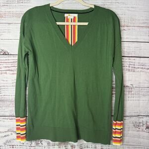 Boden Green V Neck Sweater Stripe Cuff Cotton Blend Size S
